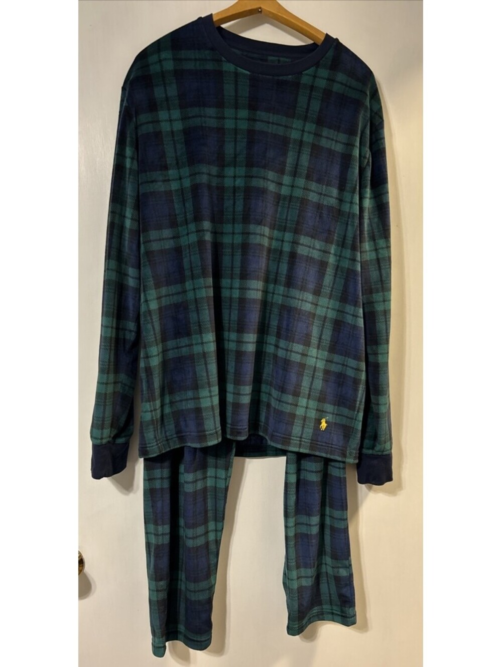 Polo Ralph Lauren Mens Plaid Fleece Sleepwear Set Green Blue Size Large